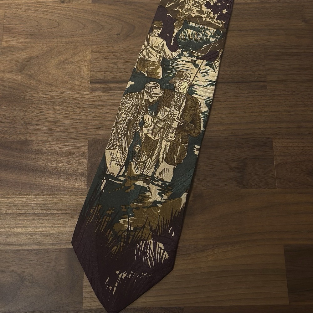 Vintage Polo Ralph Lauren Fishing Silk Tie Handmade in USA Mountains Frontier